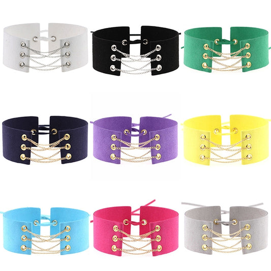 Multi-color velvet ribbon choker collars with chain rows and gold-toned hardware