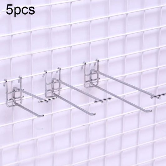 5-pack iron wire shelf double hooks, silver, mounted on grid rail