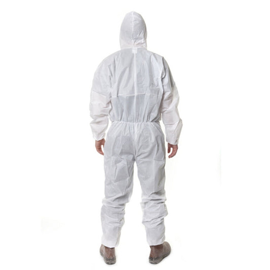 White one-piece coverall with back hood, elastic cuffs, and ankle openings