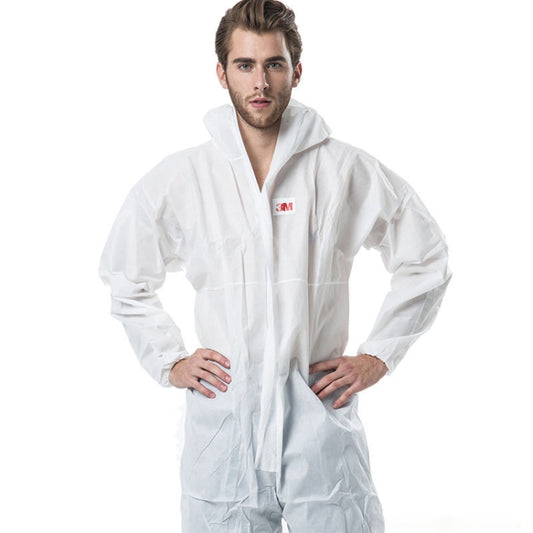 White one-piece protective coverall with hood and front zipper, size L