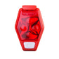 Red LED bike clip taillight, close-up showing four glowing lights inside red case.