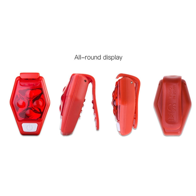 Red LED bike clip taillight shown from multiple angles, including clip and side view.