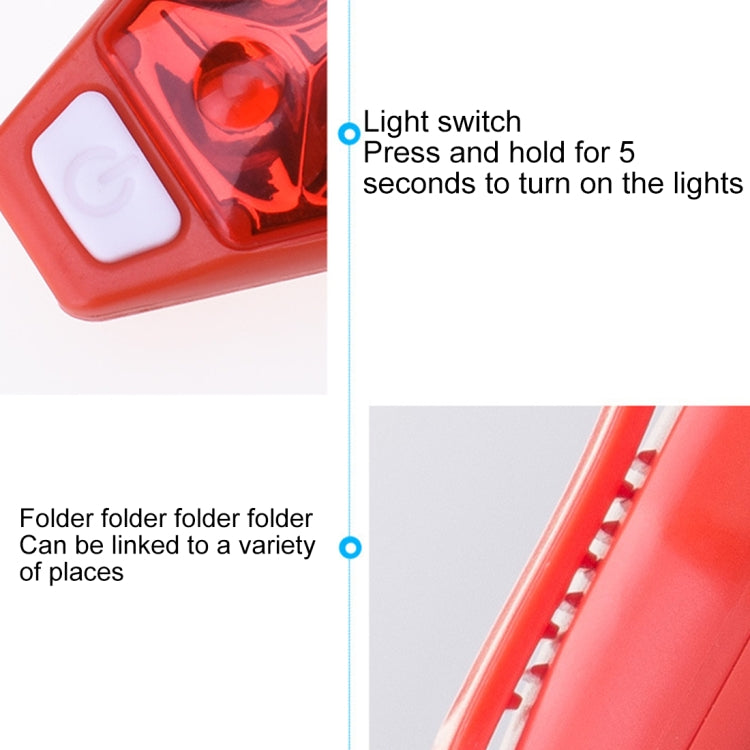 Red LED bike clip taillight with switch area and side clip detail.