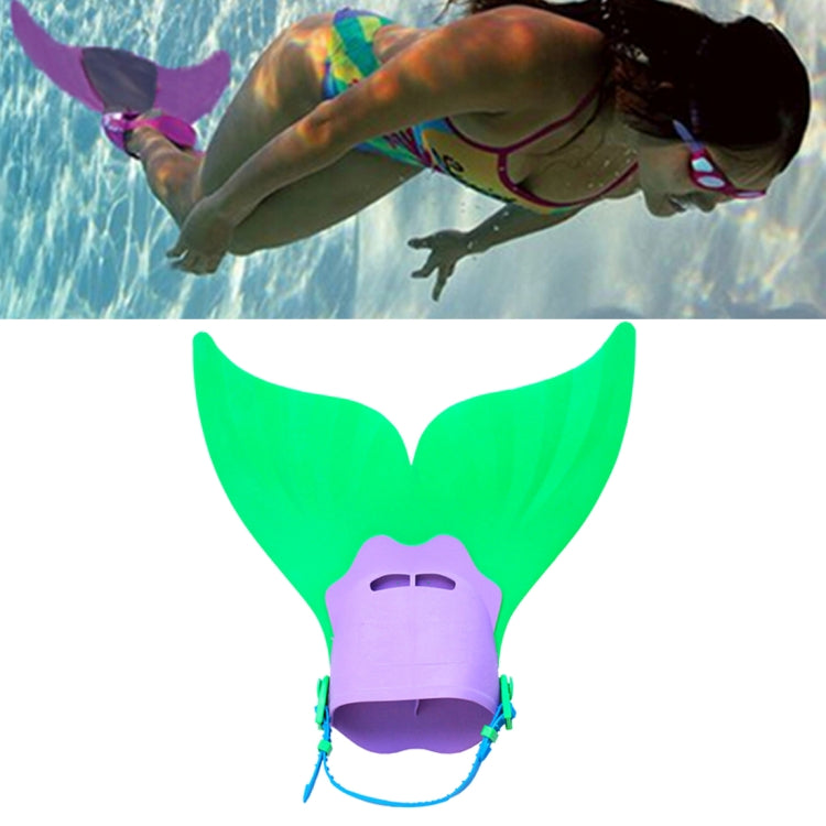 Kids diving monofin swim fin with adjustable foot pocket, green fin and purple base