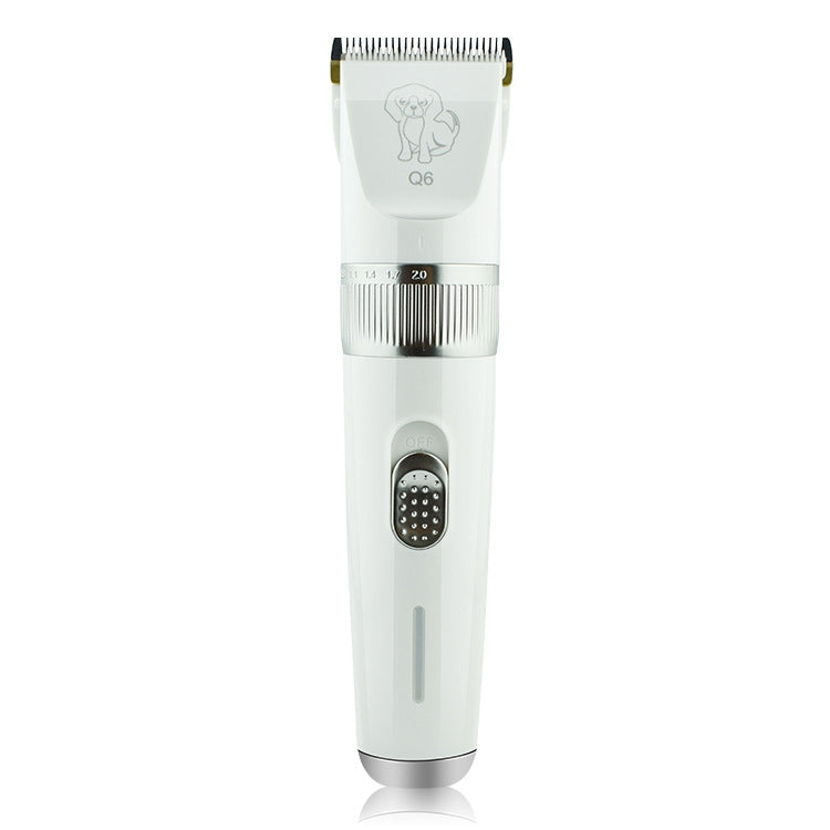 White electric pet grooming shaver with metal blade and oval charging inlet
