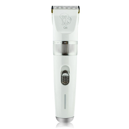 White electric pet grooming shaver with metal blade and oval charging inlet