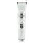 White electric pet grooming shaver with metal blade and oval charging inlet