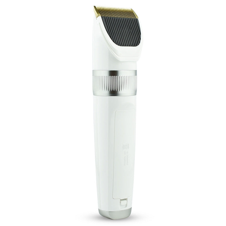 White electric pet grooming shaver with gold cutting blade and guard