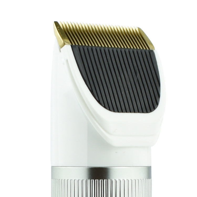 Electric pet grooming shaver with gold blade and black curved guard