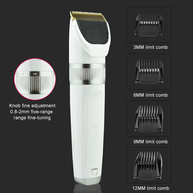 White electric pet grooming shaver with gold blade and limit-comb sizes shown