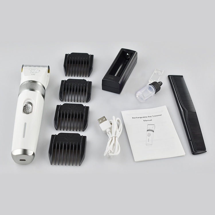 Electric pet grooming shaver kit with multiple black comb attachments and charging cable