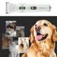 Electric pet grooming shaver with gold blade shown with dog for grooming