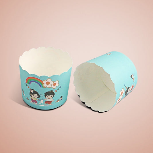 Round baking cup liners with white interiors, teal and pastel cartoon prints, 2-pack