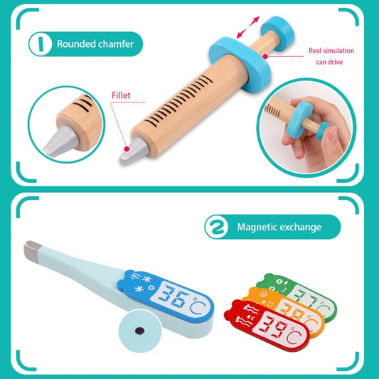 Wooden-and-blue medical tool with rounded ends for pretend doctor play