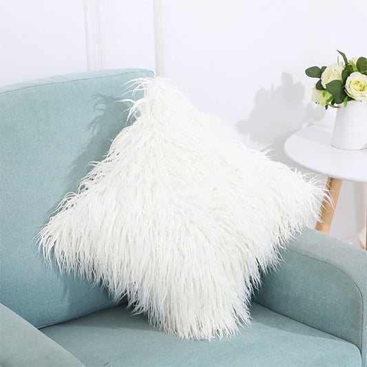 White plush square pillow cover with long shag fur texture