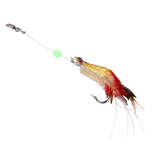 Shrimp-shaped fishing lure with hook, yellow and red body, luminous green bead