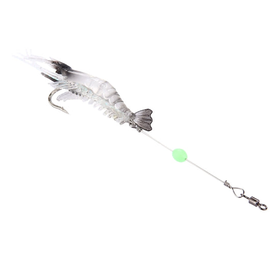 Shrimp-shaped lure with treble hook and glowing green bead on fishing line