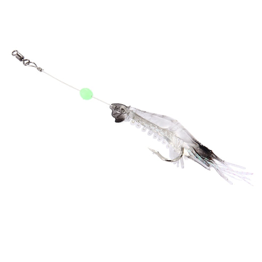 Shrimp-shaped fishing lure, white/black, with treble hook and glowing green bead