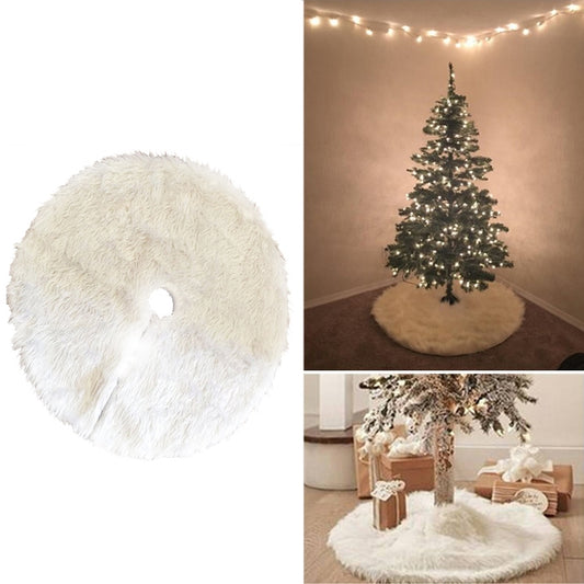 White plush round tree skirt with center opening and shaggy texture