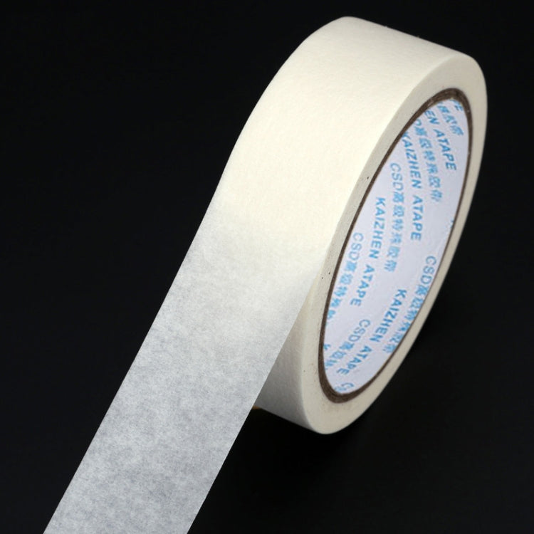 White masking tape roll, 50m x 20mm, angled view showing adhesive tape core