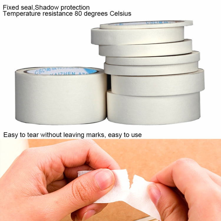 Stacked white masking tape rolls, 50m x 20mm; hands tearing off a strip