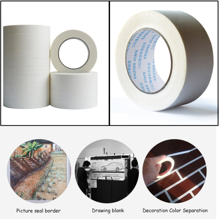 Multiple white masking tape rolls, 50m x 20mm, with center core visible