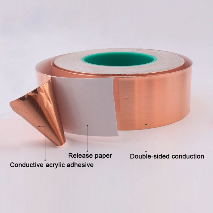 Copper double-sided conductive tape roll showing layers and adhesive on a cut edge