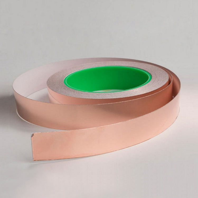 Copper conductive foil tape roll, wide tape strip with green adhesive center