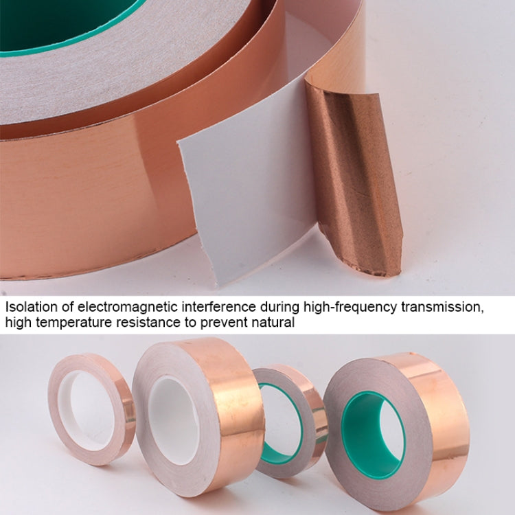 Copper conductive tape roll with protective paper peeled to reveal copper foil layers