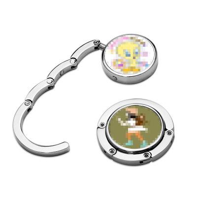 Chrome folding bag hanger with round base and hook clip, colorful disc insert