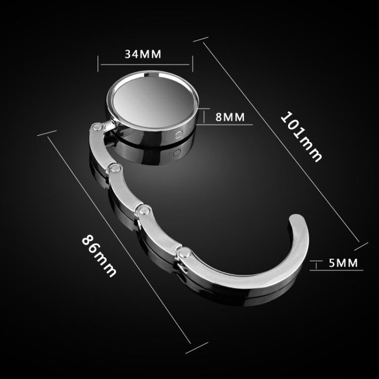 Folding bag hanger dimensions: 101mm length, 34mm round base, 86mm hook span