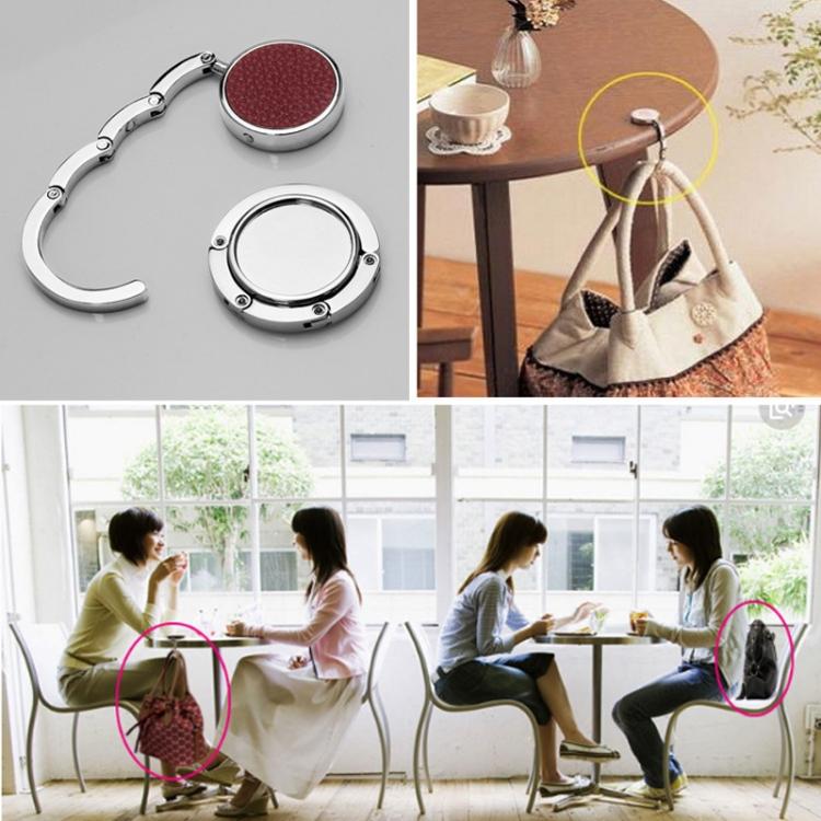 Folding bag hanger set with chrome hook and round bases, shown open and folded
