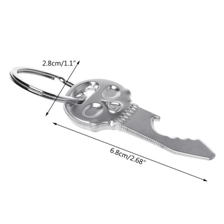 Metal skull bottle opener key chain with loop key ring and serrated opener