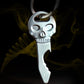 Silver skull-shaped bottle opener key chain with loop key ring and flame detail