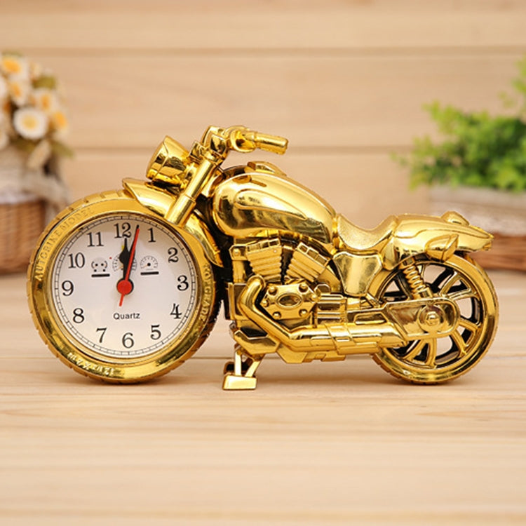 Gold cartoon motorcycle alarm clock with round pointer dial and black alarm hand