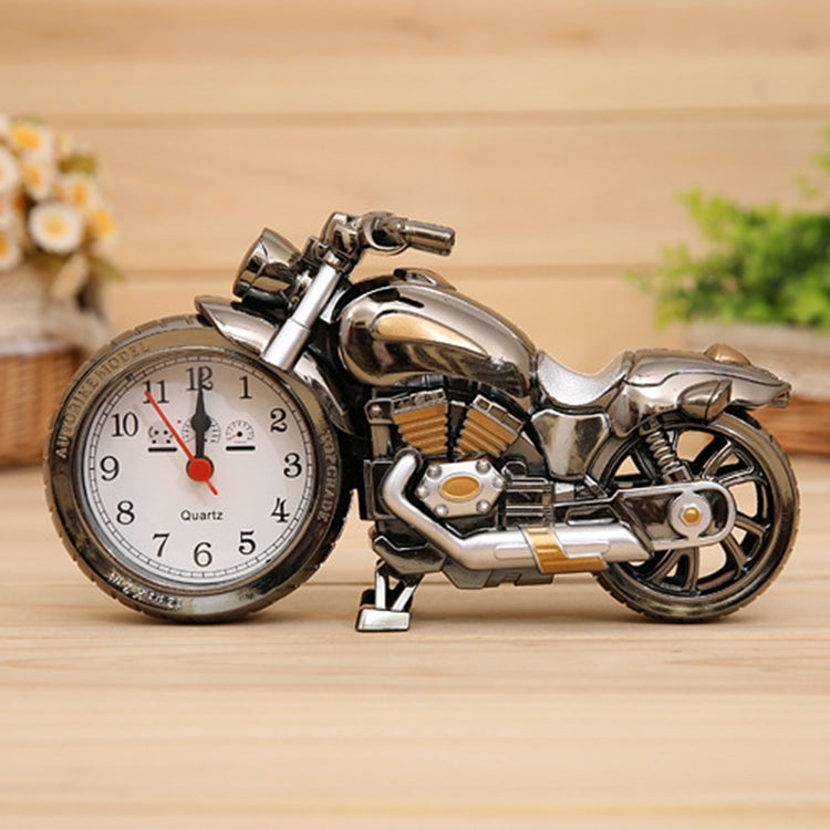 Black and silver cartoon motorcycle alarm clock with round pointer dial and red hands
