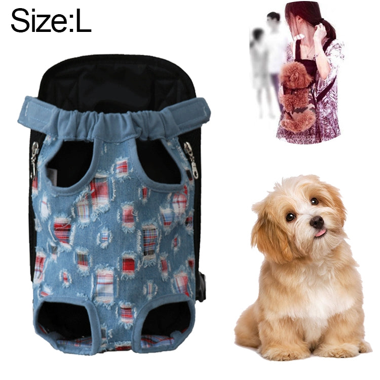 Blue city-pattern dog front carrier backpack bag with black top and two front openings