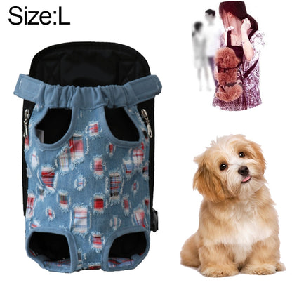 Blue city-pattern dog front carrier backpack bag with black top and two front openings