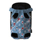 Light blue printed pet backpack bag with black top, ruffled edge, and two front openings