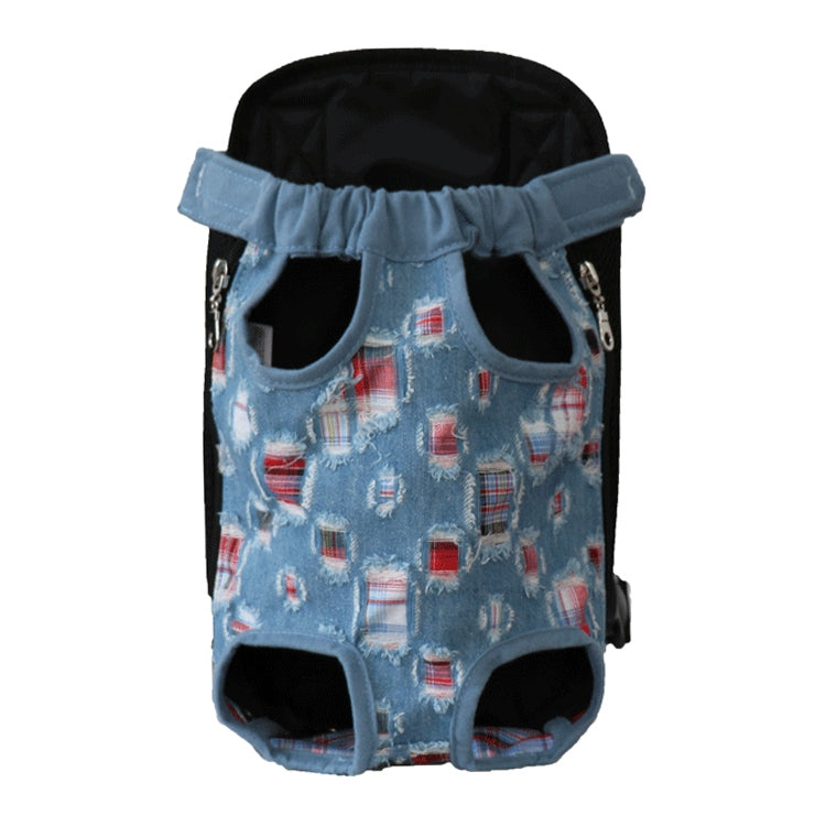 Light blue printed pet backpack bag with black top, ruffled edge, and two front openings