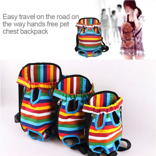 Multicolor striped dog front backpack carrier with three padded sections and black straps