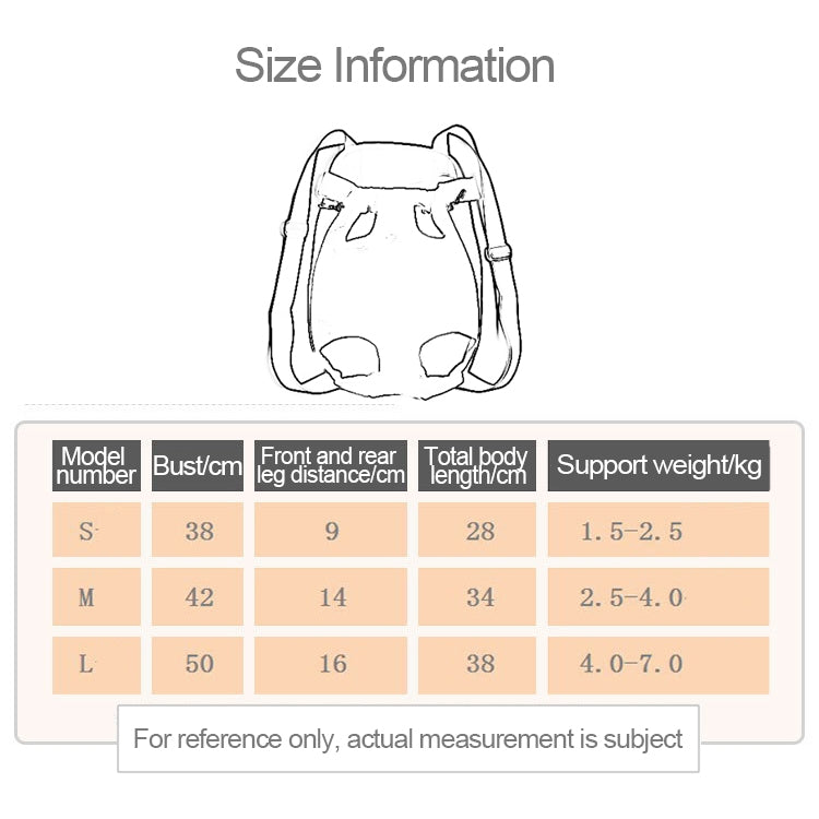 Size information chart diagram for dog front pet carrier backpack bag, size L
