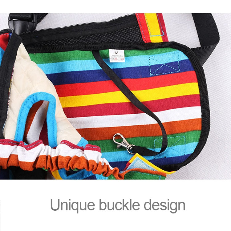 Rainbow striped interior and black mesh dog backpack carrier with adjustable strap buckle