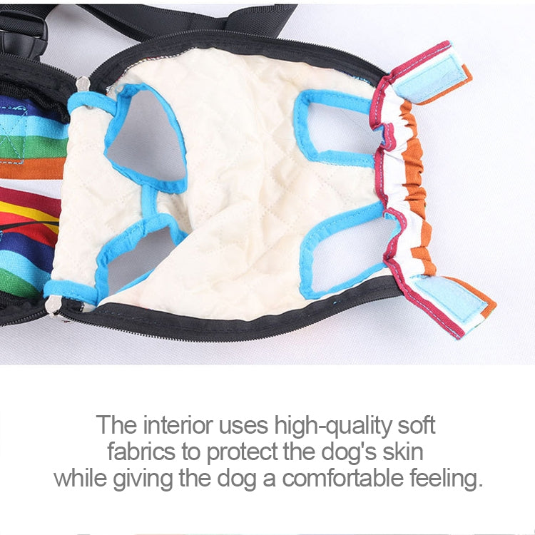 Dog carrier backpack with soft white interior padding, blue trim, and front zipper opening