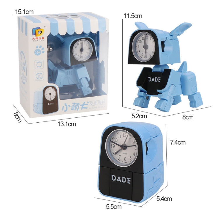 Blue robot alarm clock toy, size chart view with front dial and ear details