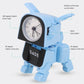 Blue robot alarm clock toy with rotating ears and 90° foot movement, standing