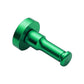 Green aluminum single wall hook, round base and cylindrical hook post, angled view.