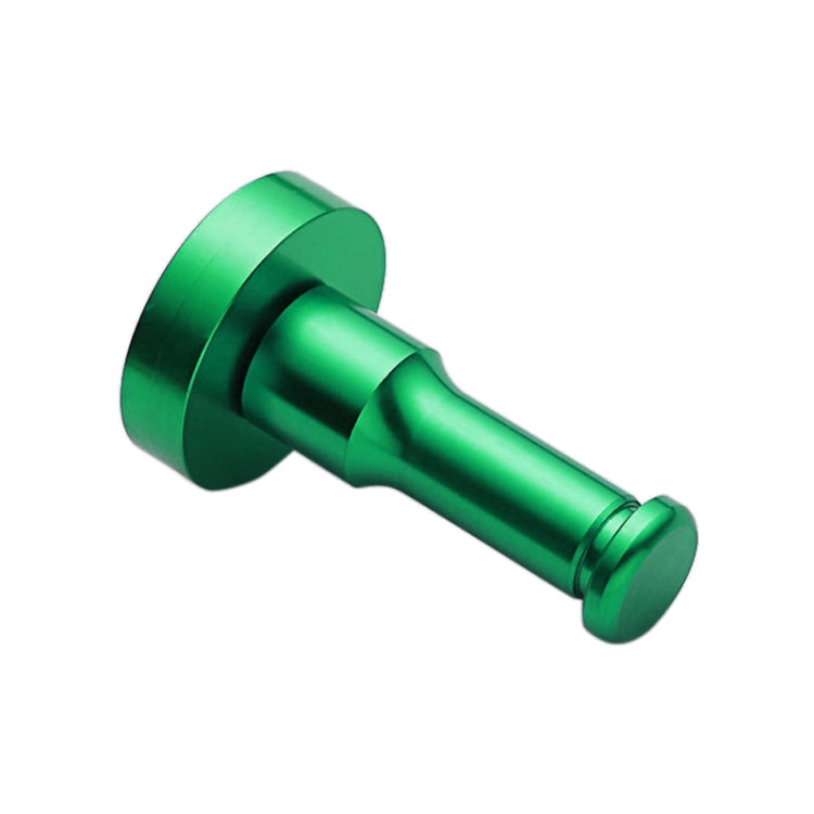 Green aluminum single wall hook, round base and cylindrical hook post, angled view.