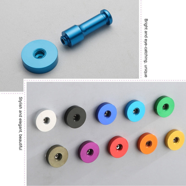 Assorted colored round aluminum wall hooks with mounting bases and post pieces.