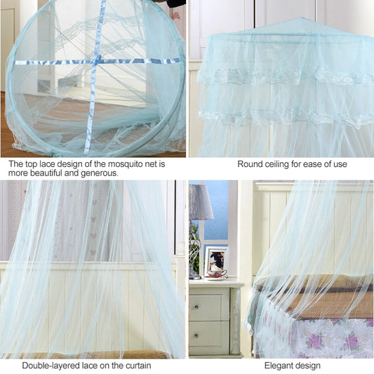 Light blue mosquito net tent with lace top canopy and hanging hoop frame